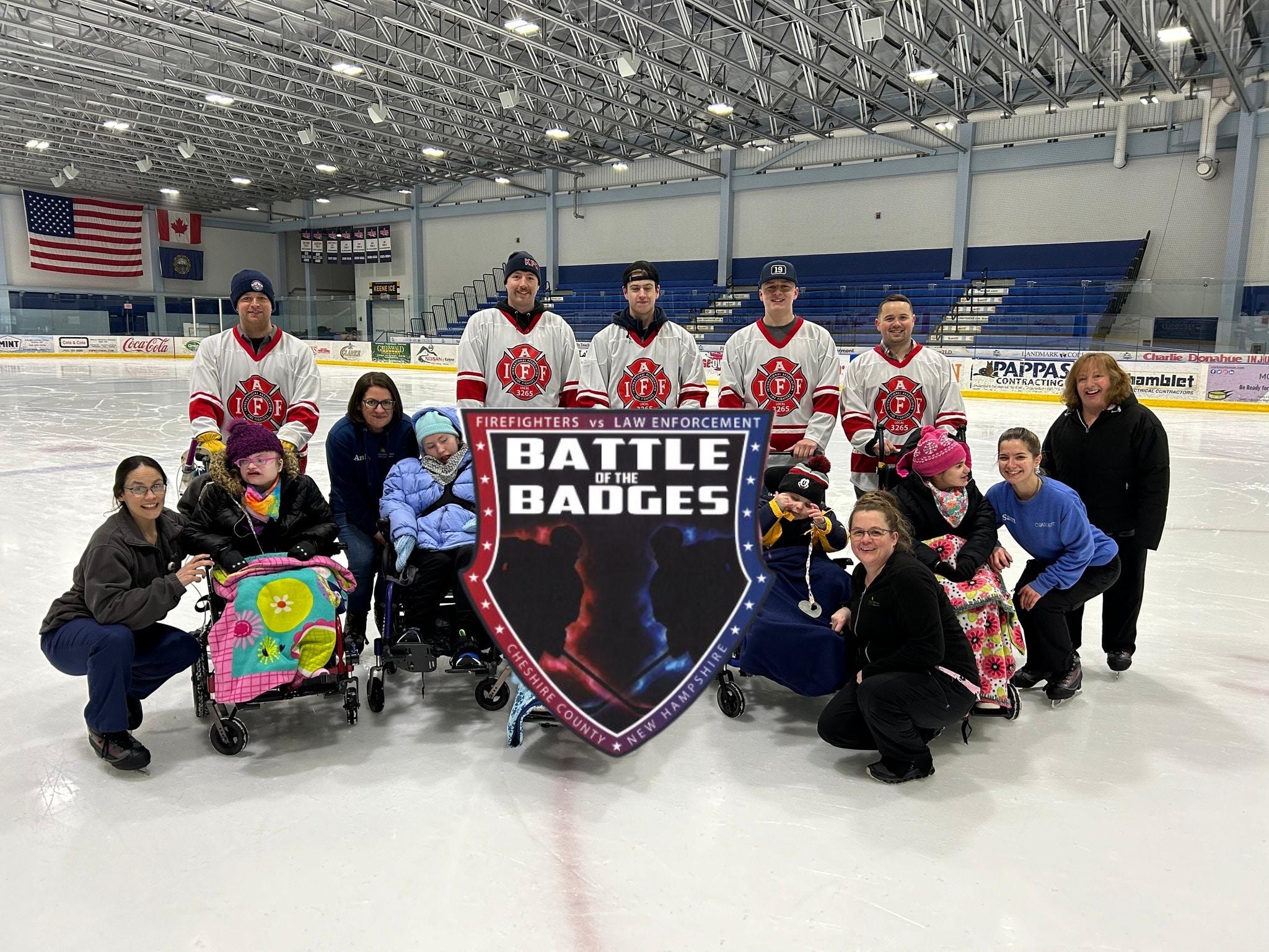 Men, women and children at an ice rink to promote a hockey game