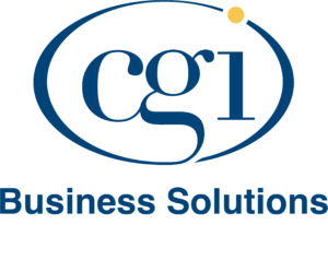 Blue cgi logo with a yellow dot above Business Solutions in bold blue text on a white background, evoking a walk & roll sense of dynamic movement and innovation.