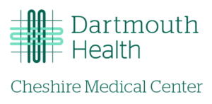 Dartmouth Health Cheshire Medical Center logo with green text and abstract design on a light background, representing a community where everyone is welcome to walk & roll toward better health.