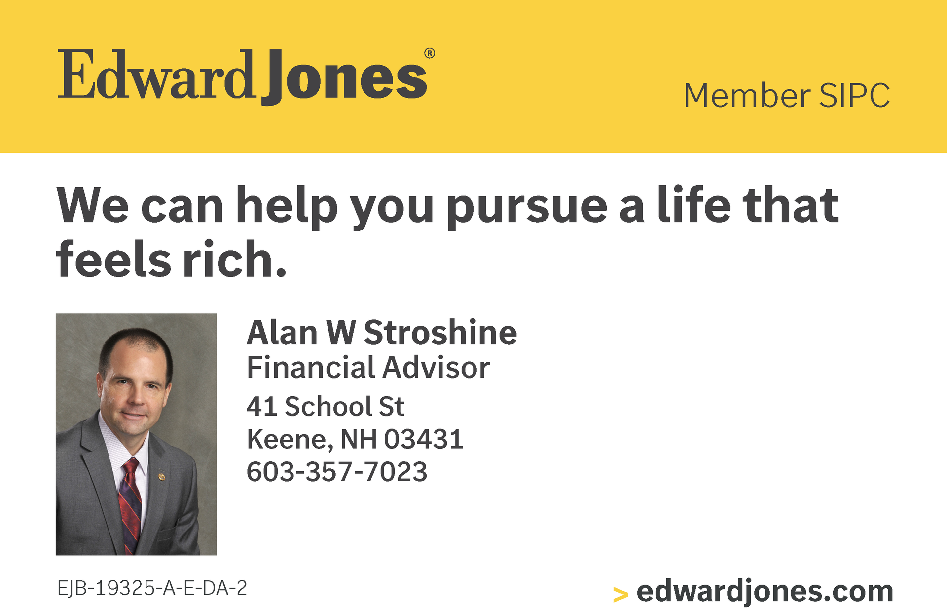 Edward Jones ad with a man in a suit, contact info, and We can help you walk & roll toward a life that feels rich.
