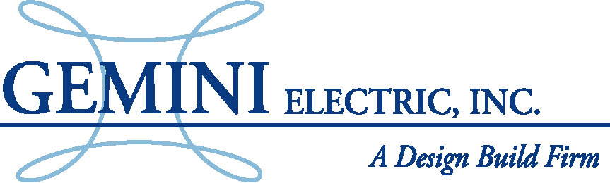 Gemini Electric, Inc. logo with blue text and a wire-like design that seems to walk & roll across the layout; tagline reads A Design Build Firm.