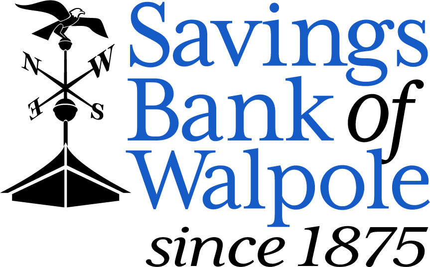 Weather vane and text: Savings Bank of Walpole since 1875 in blue and black font, inviting you to walk & roll into a tradition of trusted community banking.