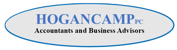 HOGANCAMP PC logo with text: Accountants and Business Advisors, inside a blue oval outline—your trusted partners who help your business walk & roll toward financial success.