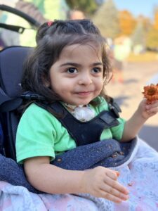 A young child in a stroller holding an orange flower.